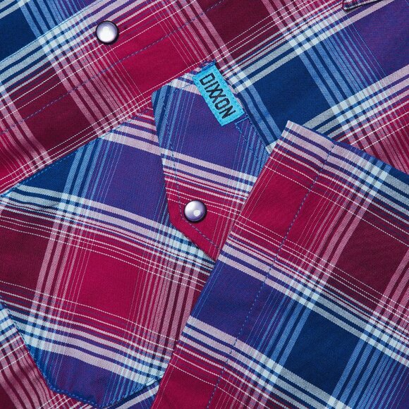 NWT Dixxon Flannel Lotus Red & Blue Plaid Pearl Snap Bamboo Short Sleeve Shirt - Picture 3 of 6